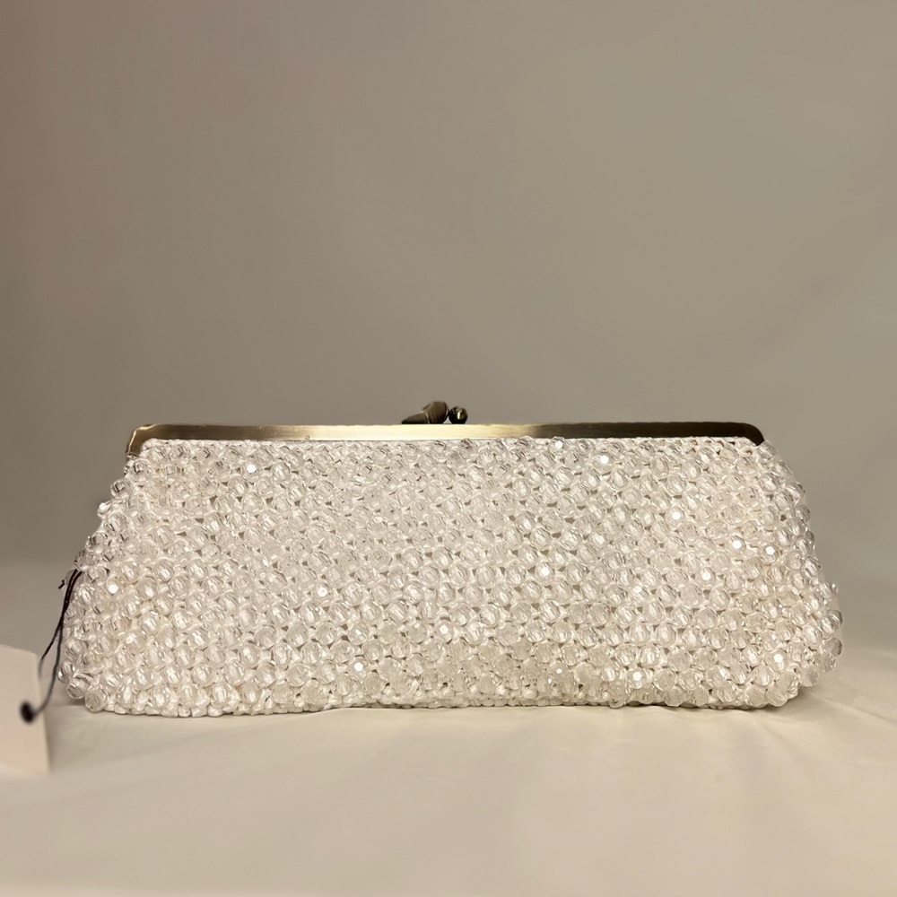 Trina Turk White Beaded Clutch with Gold Frame